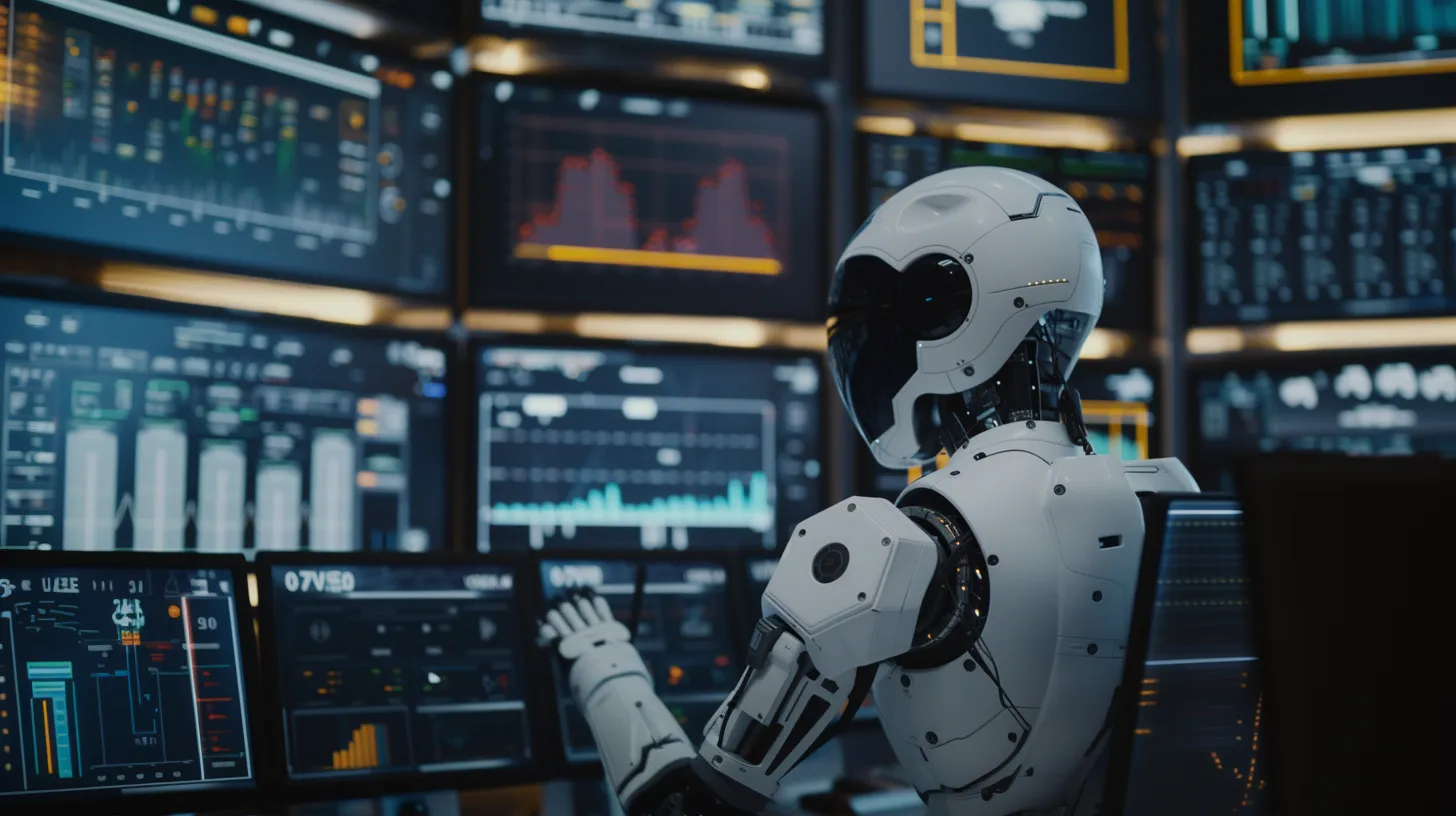 Robot operator in front of multiple computer screens